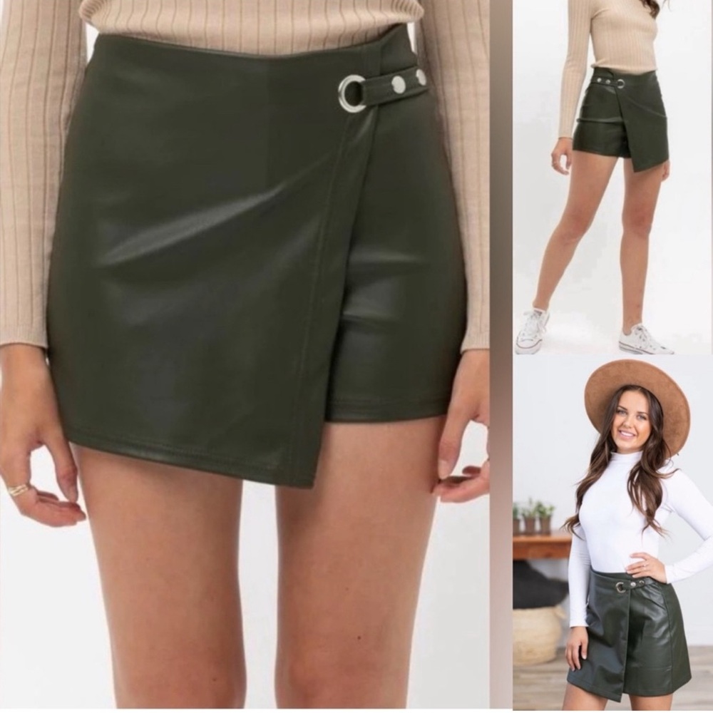Francescas ALYA Side Buckle Faux Leather Mini Skirt in Olive Green Size Medium